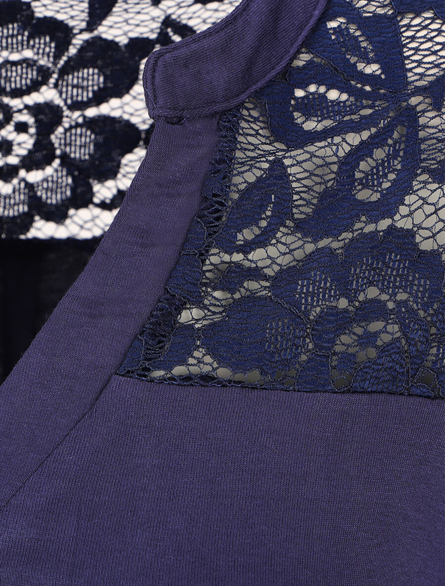 Effen top met lange mouwen en kant - Marineblauw - Image 3