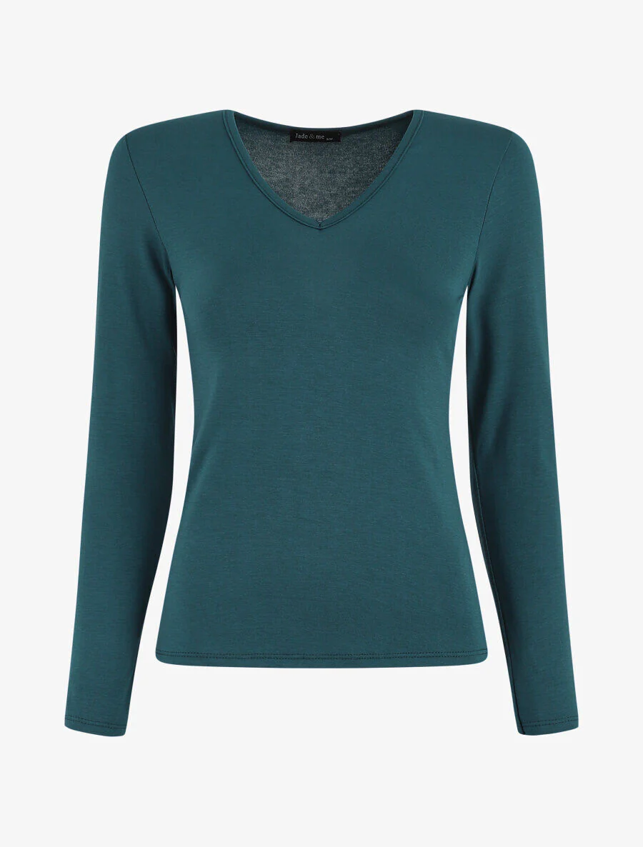 Effen top met lange mouwen en V-hals - Blauwgroen