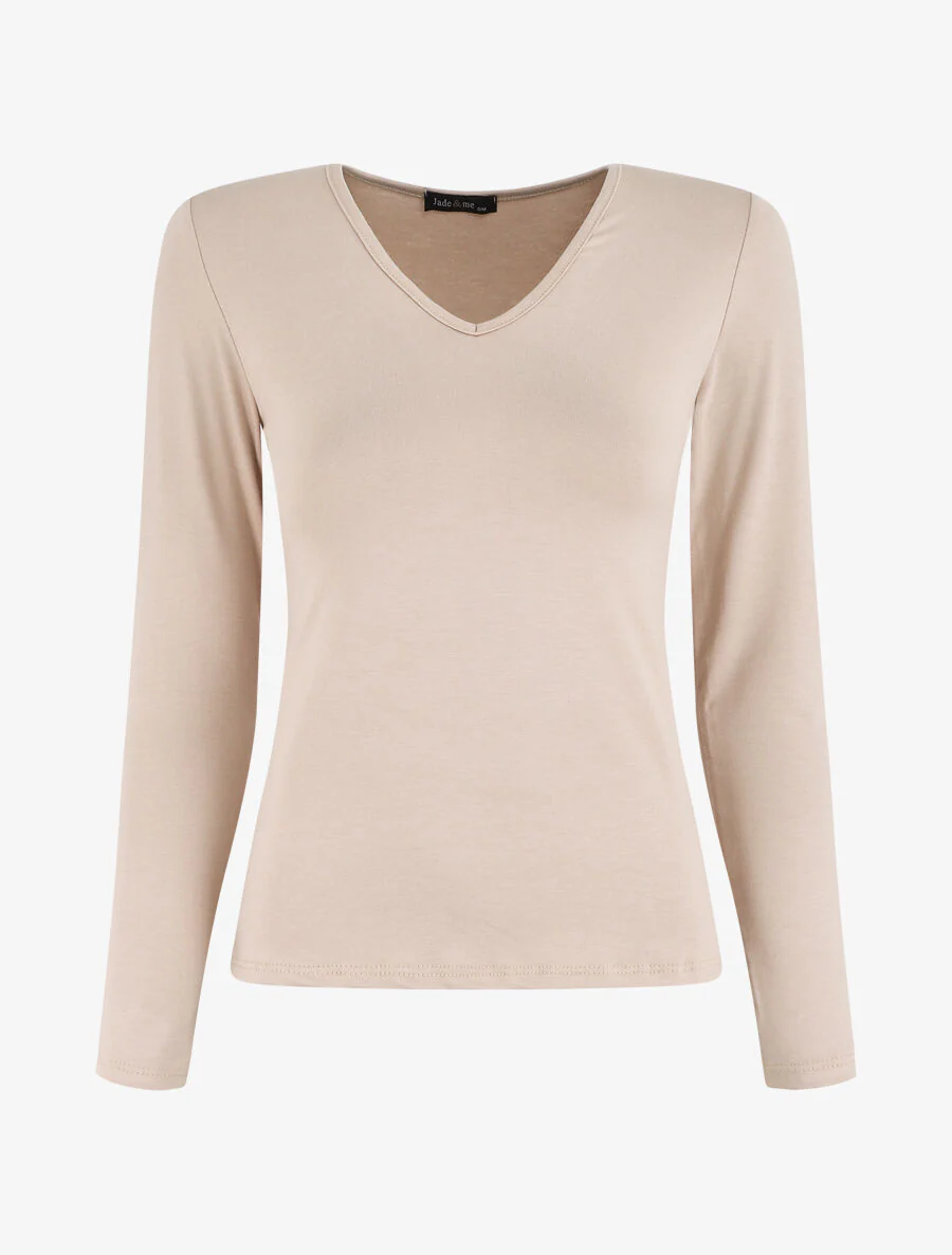 Effen top met lange mouwen en V-hals - Beige