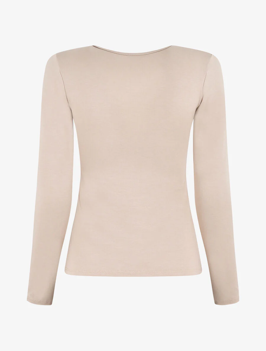 Effen top met lange mouwen en V-hals - Beige - Image 2