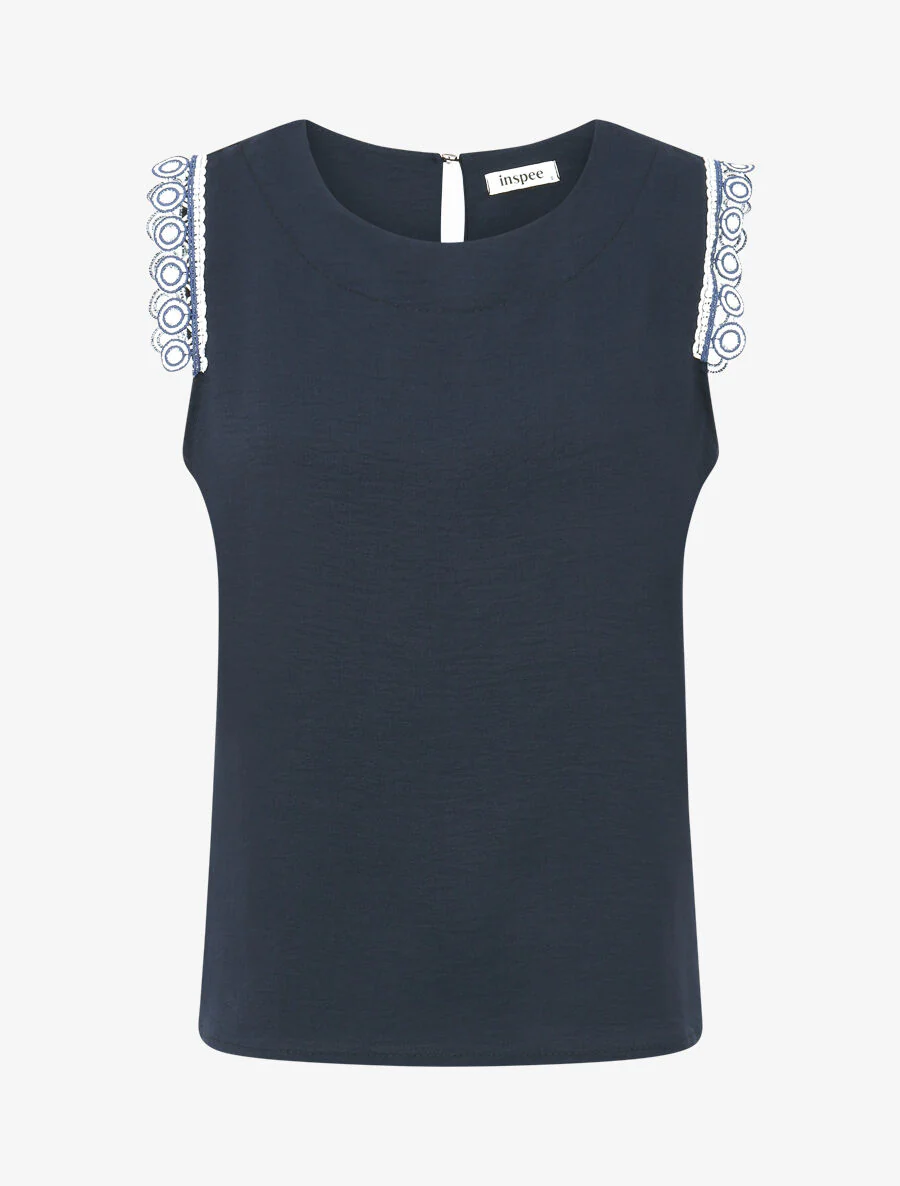 Effen topje met borduursels - Marineblauw