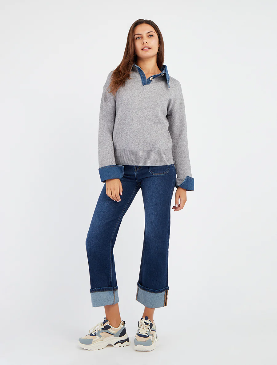 Effen trui met denim inzetstuk - Grijs - Image 4