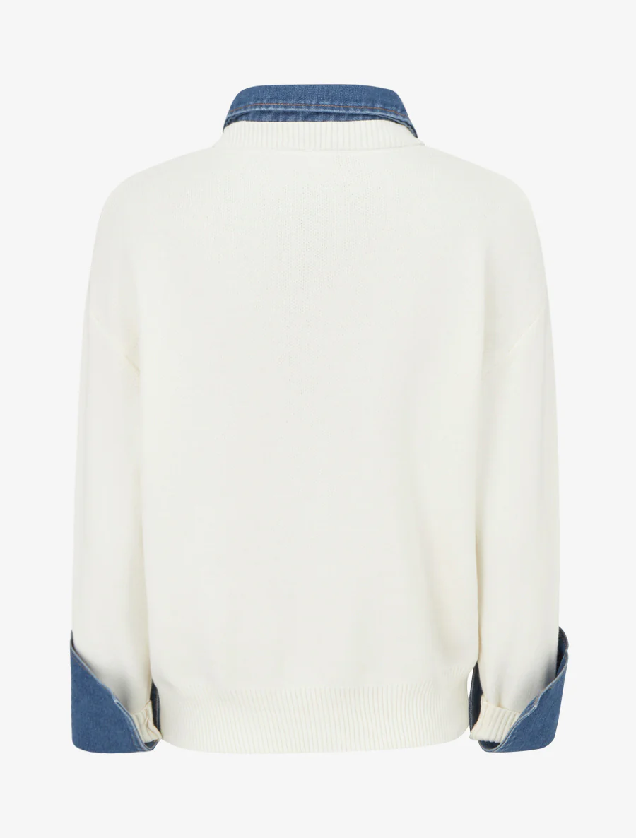 Effen trui met denim inzetstuk - Wit - Image 2