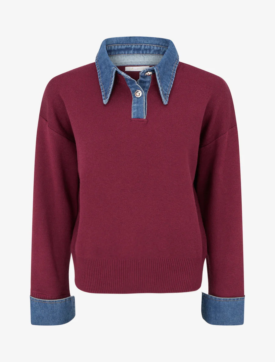 Effen trui met denim inzetstuk - Wijnrood