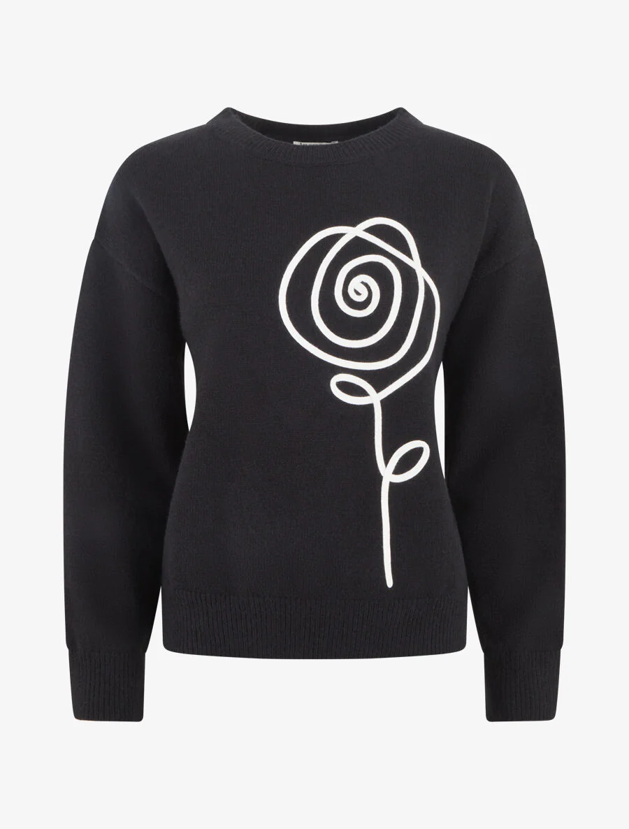 Effen trui met geborduurde bloemen - zwart