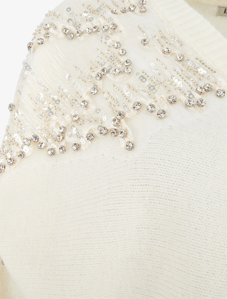 Effen trui met strass en parel schouderstuk - Ecru - Image 3