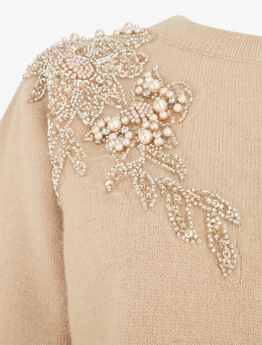 Effen trui versierd met kralen en strass - Taupe - Image 3