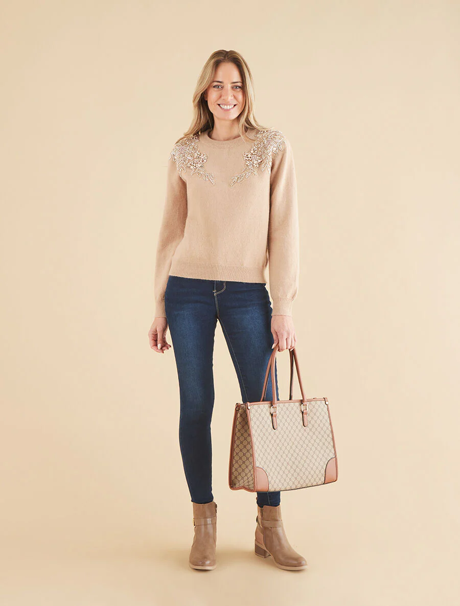 Effen trui versierd met kralen en strass - Taupe - Image 4