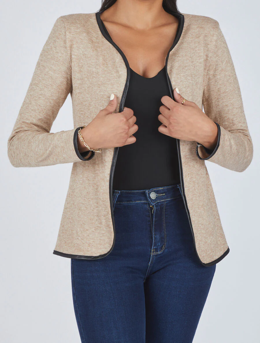 Effen vest met textuurrand - beige - Image 4
