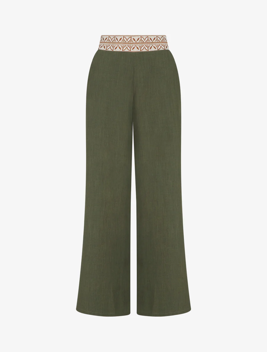 Effen vloeiende broek met hoge taille - Kaki