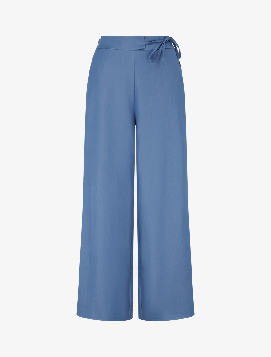 Effen vloeiende broek met strikbanden - Blauw