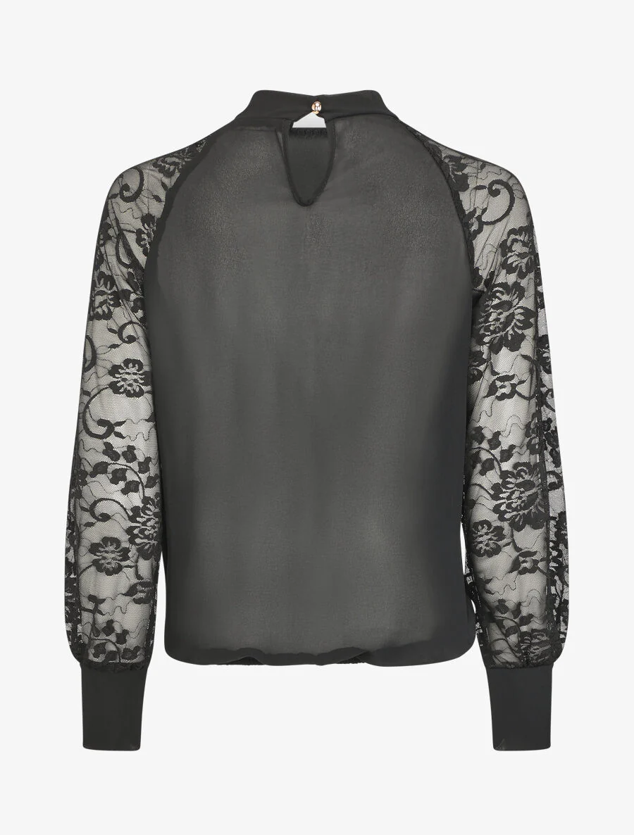 Effen voile blouse met kanten mouwen - zwart - Image 2