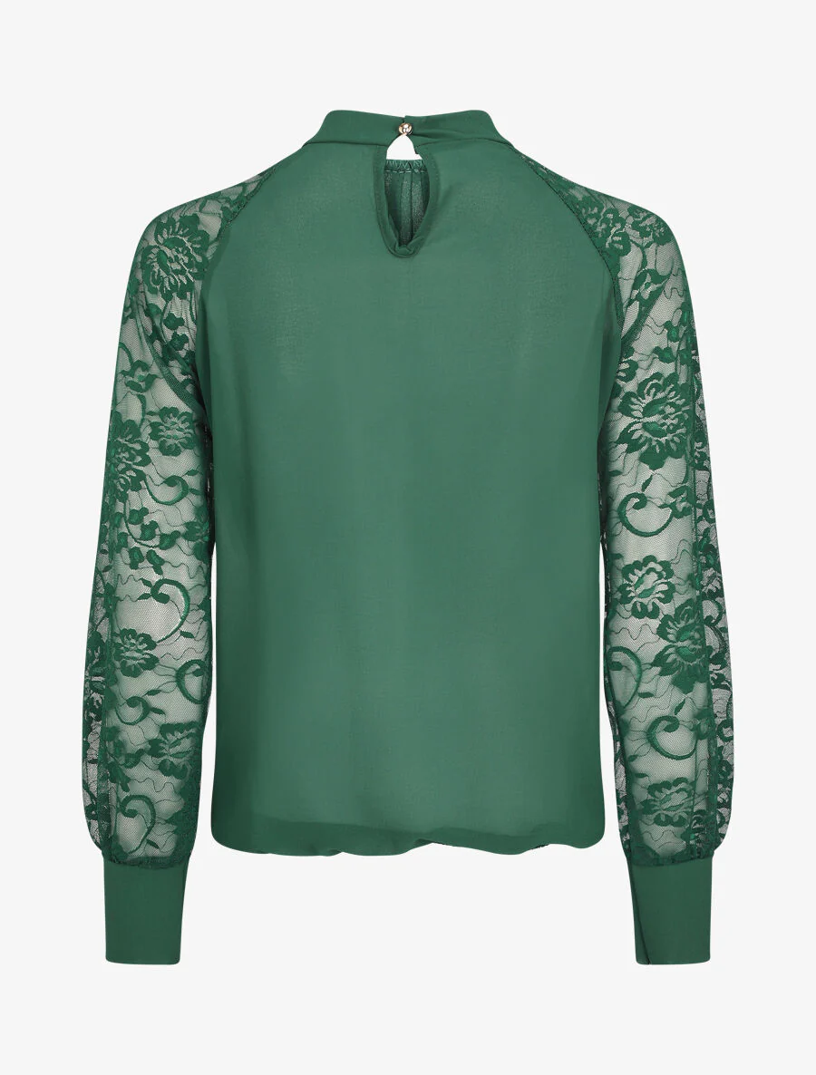 Effen voile blouse met kanten mouwen - Dennengroen - Image 2