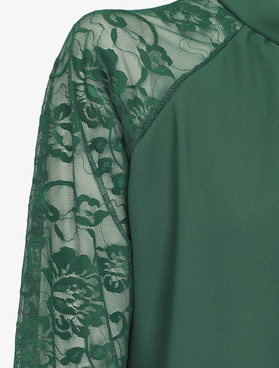Effen voile blouse met kanten mouwen - Dennengroen - Image 3