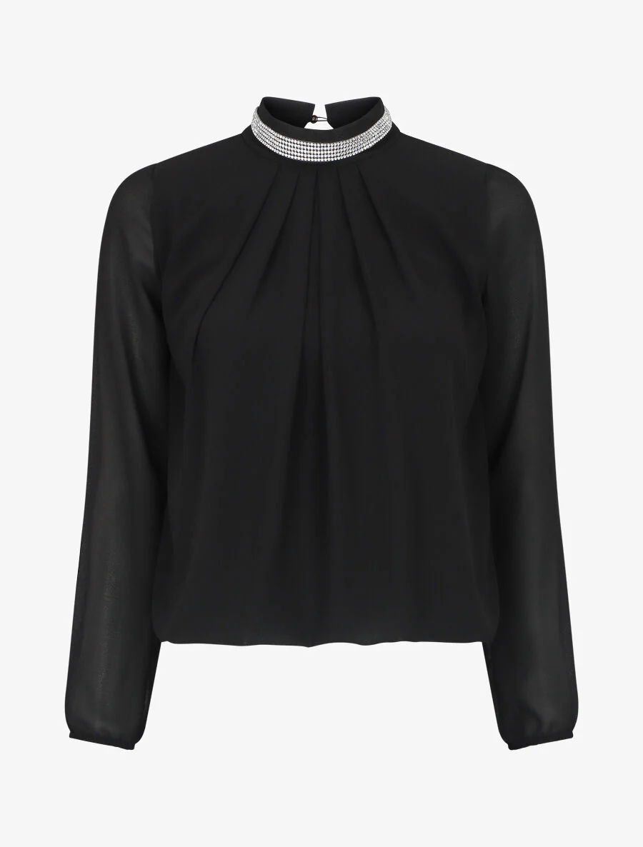 Effen voile top met sieradenhals - zwart