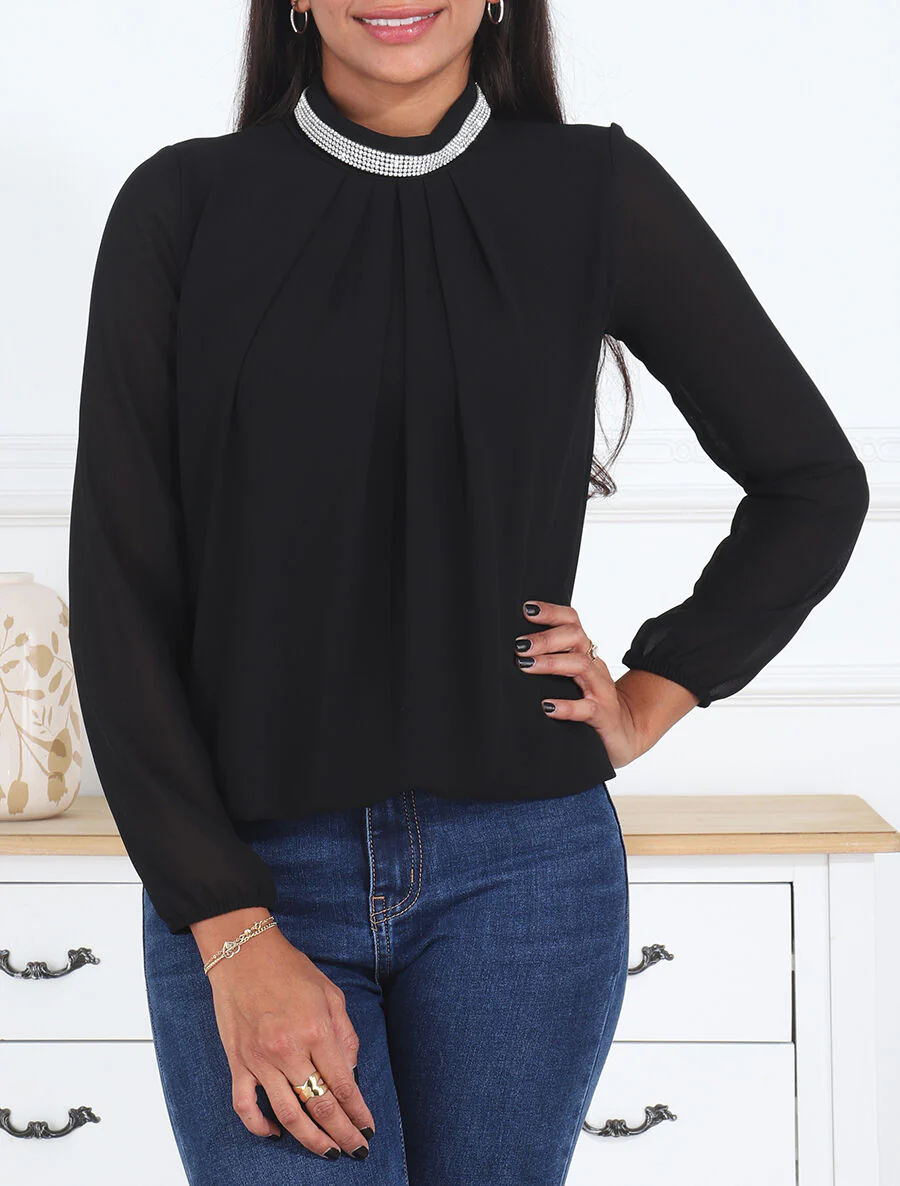 Effen voile top met sieradenhals - zwart - Image 4