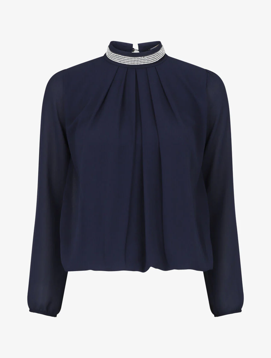 Effen voile top met sieradenhals - Donkerblauw