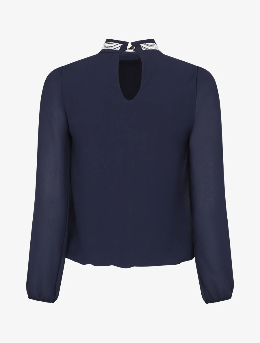 Effen voile top met sieradenhals - Donkerblauw - Image 2