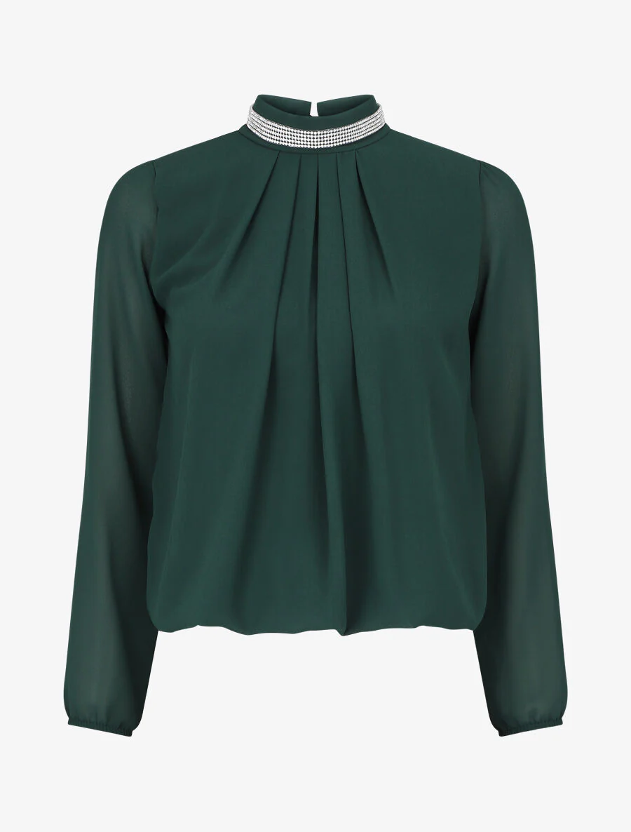 Effen voile top met sieradenhals - Dennengroen