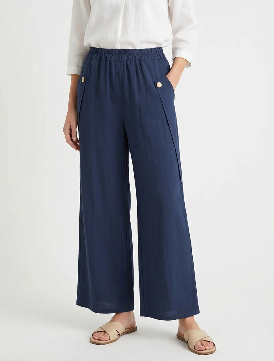 Effen wijde broek met decoratieve knopen - Marine - Image 4
