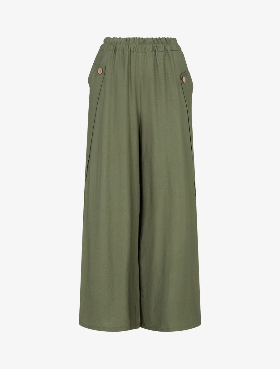 Effen wijde broek met decoratieve knopen - Kaki