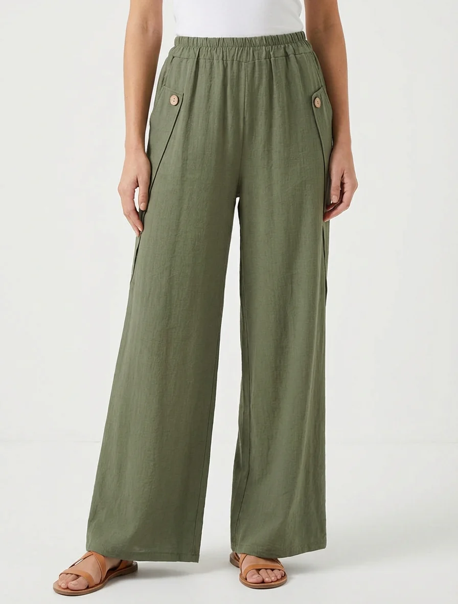 Effen wijde broek met decoratieve knopen - Kaki - Image 4
