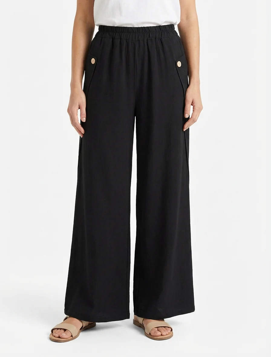 Effen wijde broek met decoratieve knopen - Zwart - Image 4