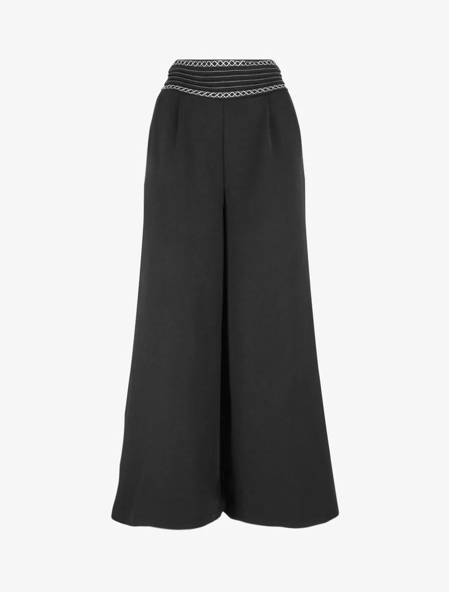 Effen wijde broek met geborduurd detail - Zwart