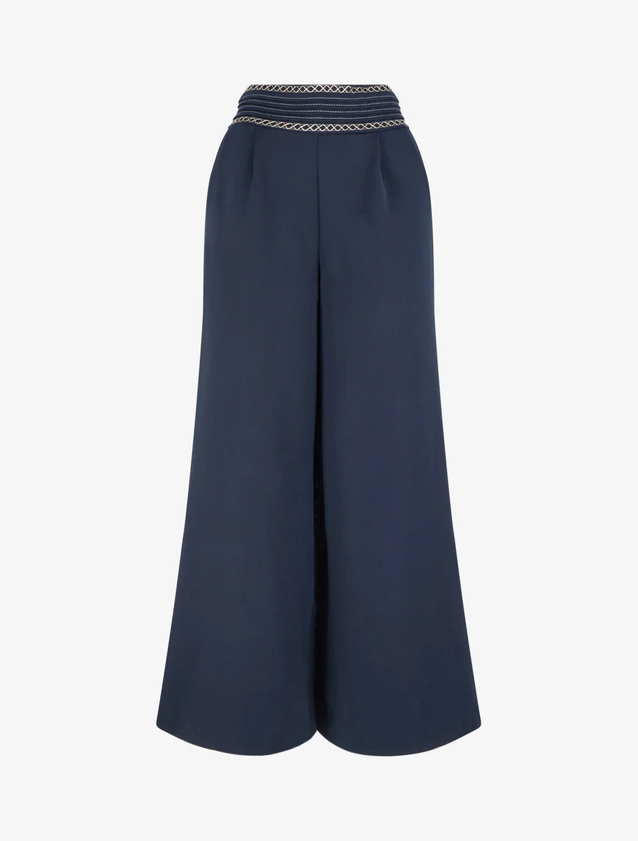 Effen wijde broek met geborduurd detail - Marine