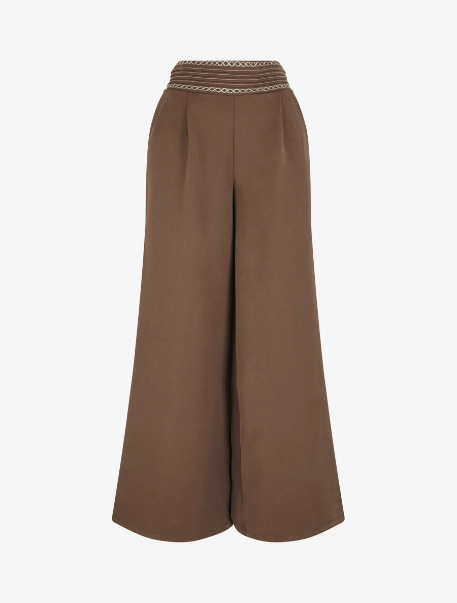 Effen wijde broek met geborduurd detail - Bruin
