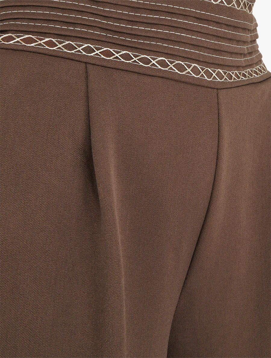 Effen wijde broek met geborduurd detail - Bruin - Image 3