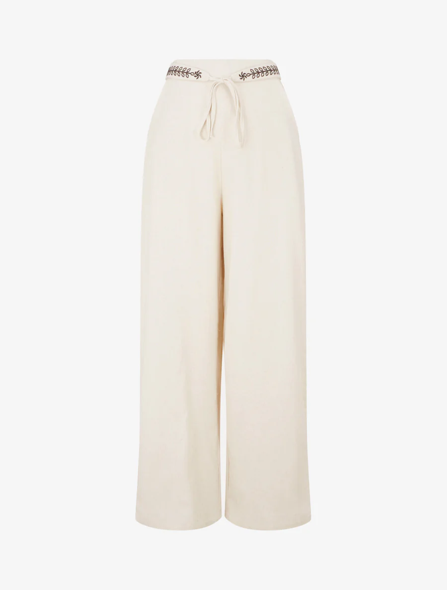 Effen wijde broek met geborduurde riem - Beige
