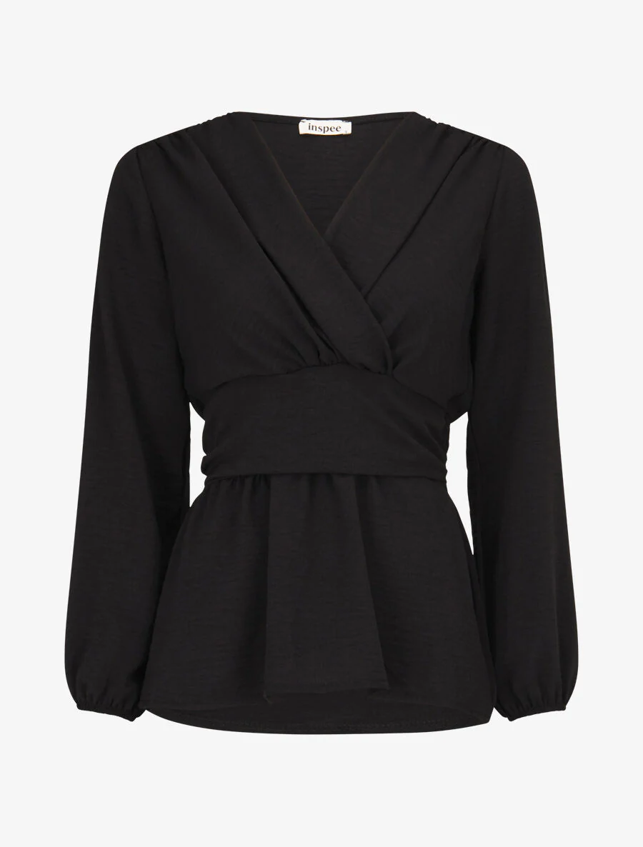 Elastische blouse met V-hals - Zwart