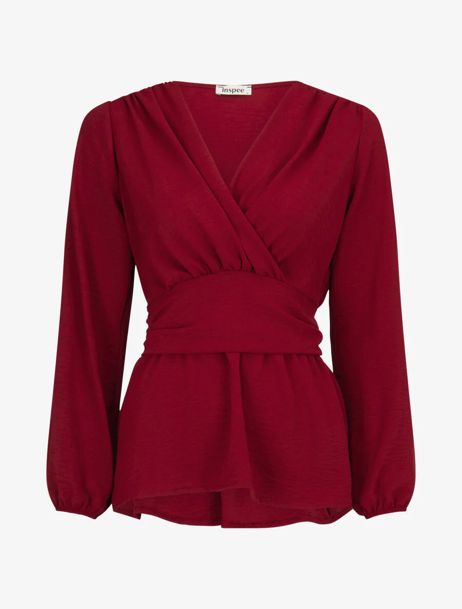 Elastische blouse met V-hals - bordeauxrood