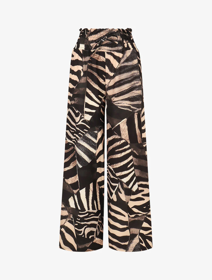 Elastische broek met dierenprint en hoge taille - Beige
