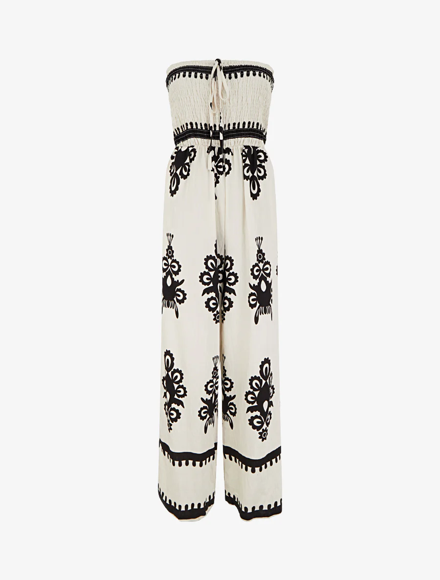 Elastische bustier jumpsuit met grafische print - Beige