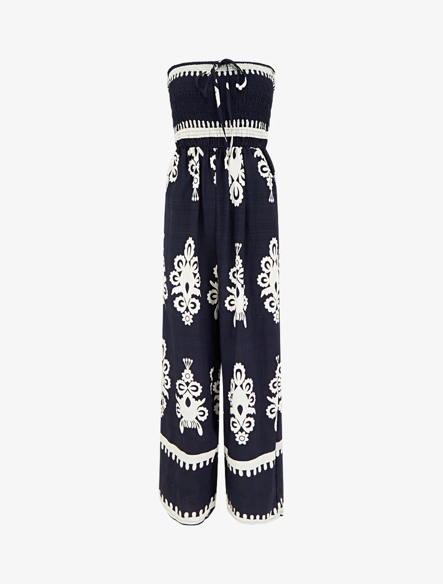Elastische bustier jumpsuit met grafische print - Marine
