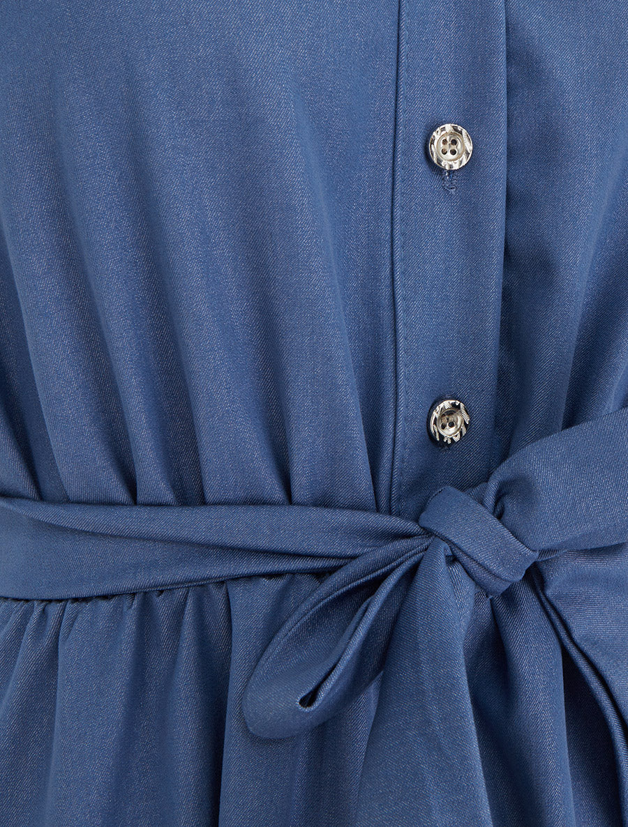 Elastische effen jurk met knoopsluiting op het borststuk. - Blauw - Image 3