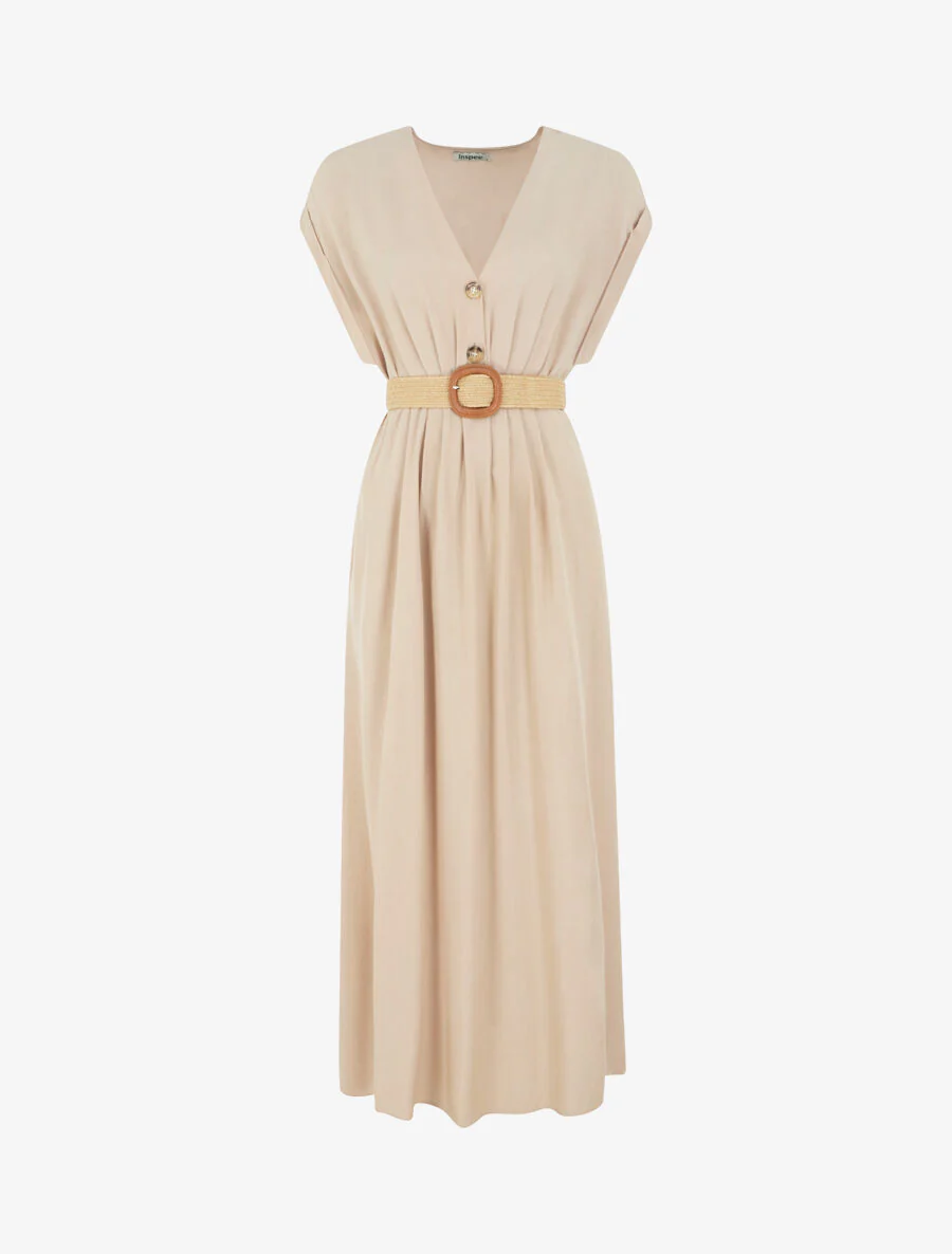 Elastische effen lange jurk - Beige