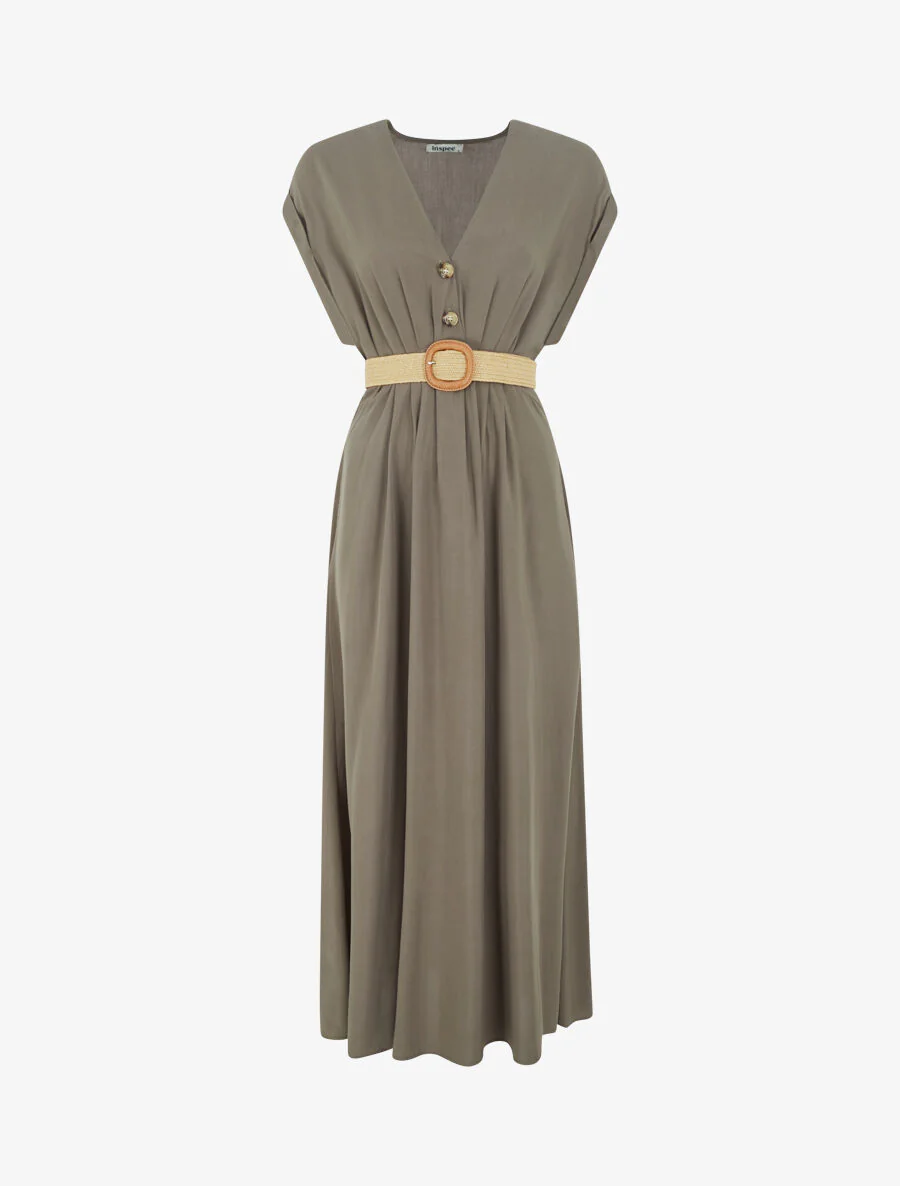 Elastische effen lange jurk - Khaki
