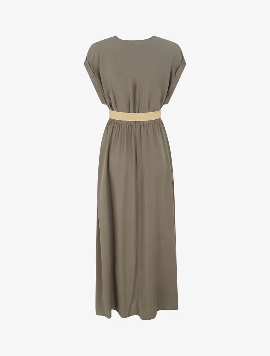 Elastische effen lange jurk - Khaki - Image 2
