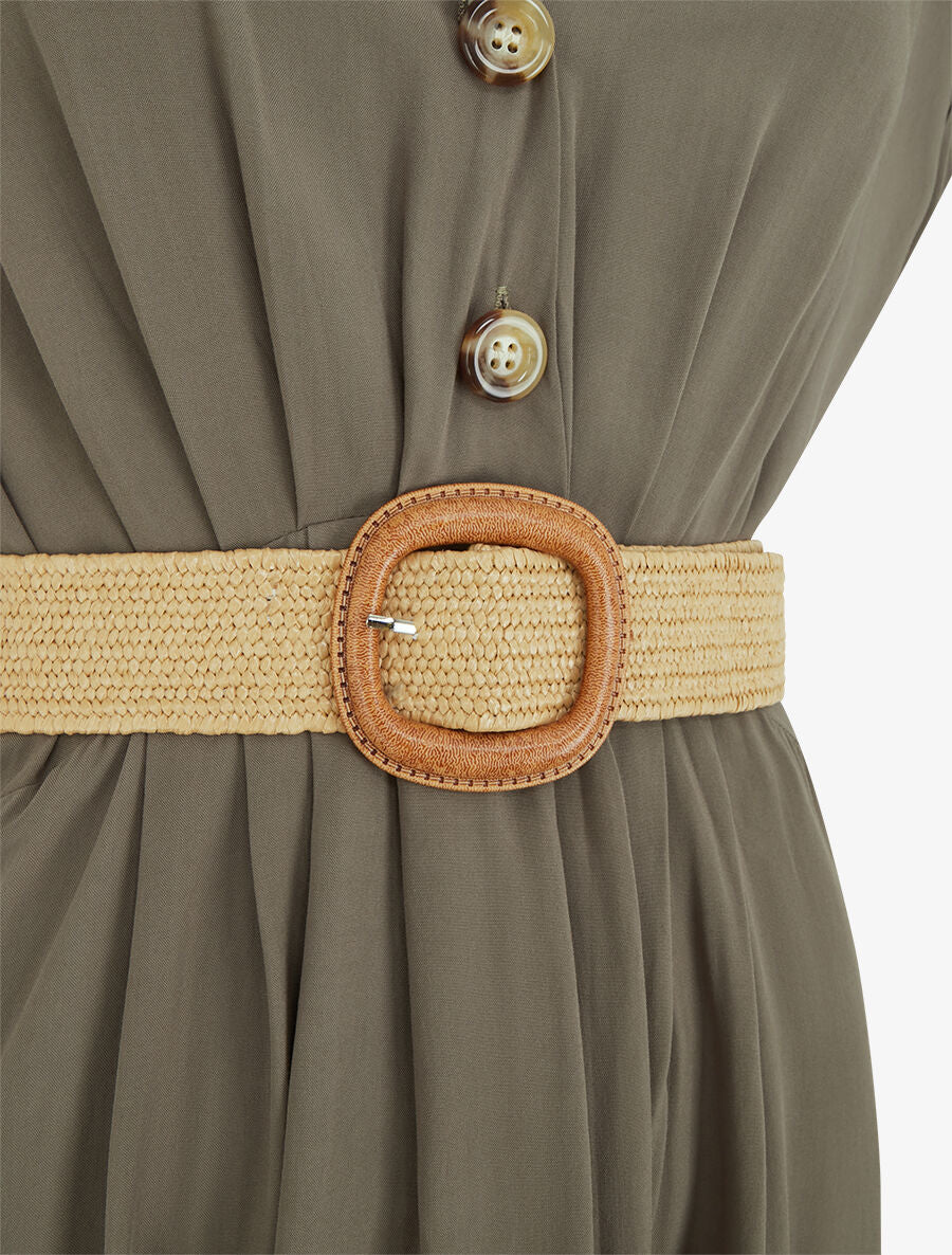Elastische effen lange jurk - Khaki - Image 3