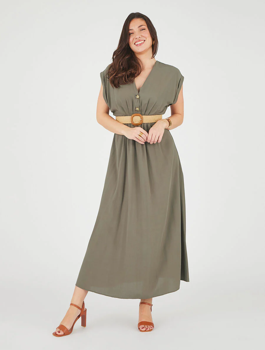 Elastische effen lange jurk - Khaki - Image 4