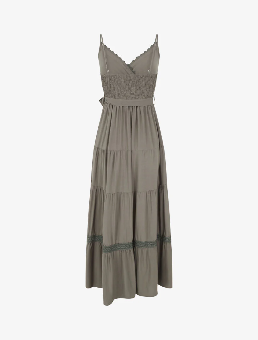 Elastische effen lange jurk - Khaki - Image 2