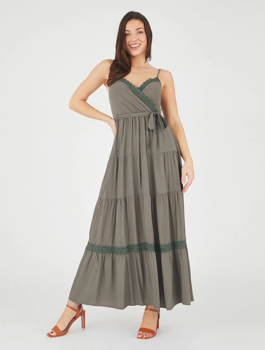 Elastische effen lange jurk - Khaki - Image 4