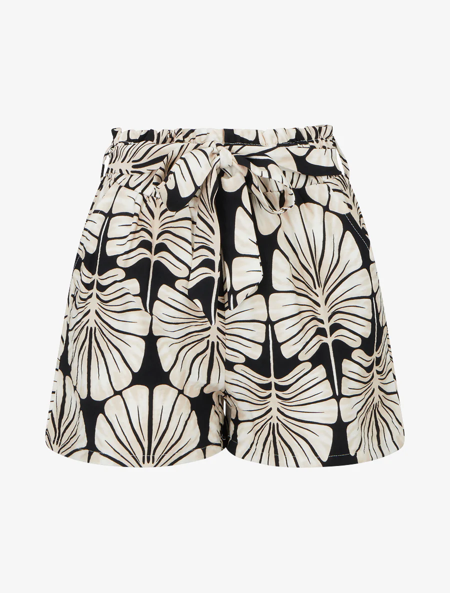 Elastische korte broek met tropische print - Zwart