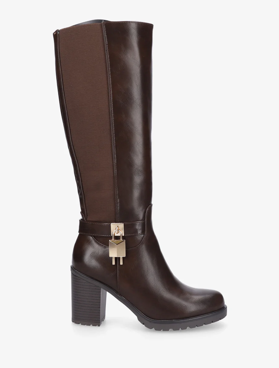 Elastische laarzen met decoratief hangslot - Bruin