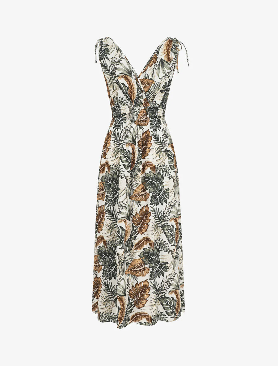 Elastische lange jurk met bladerenprint - wit - Image 2