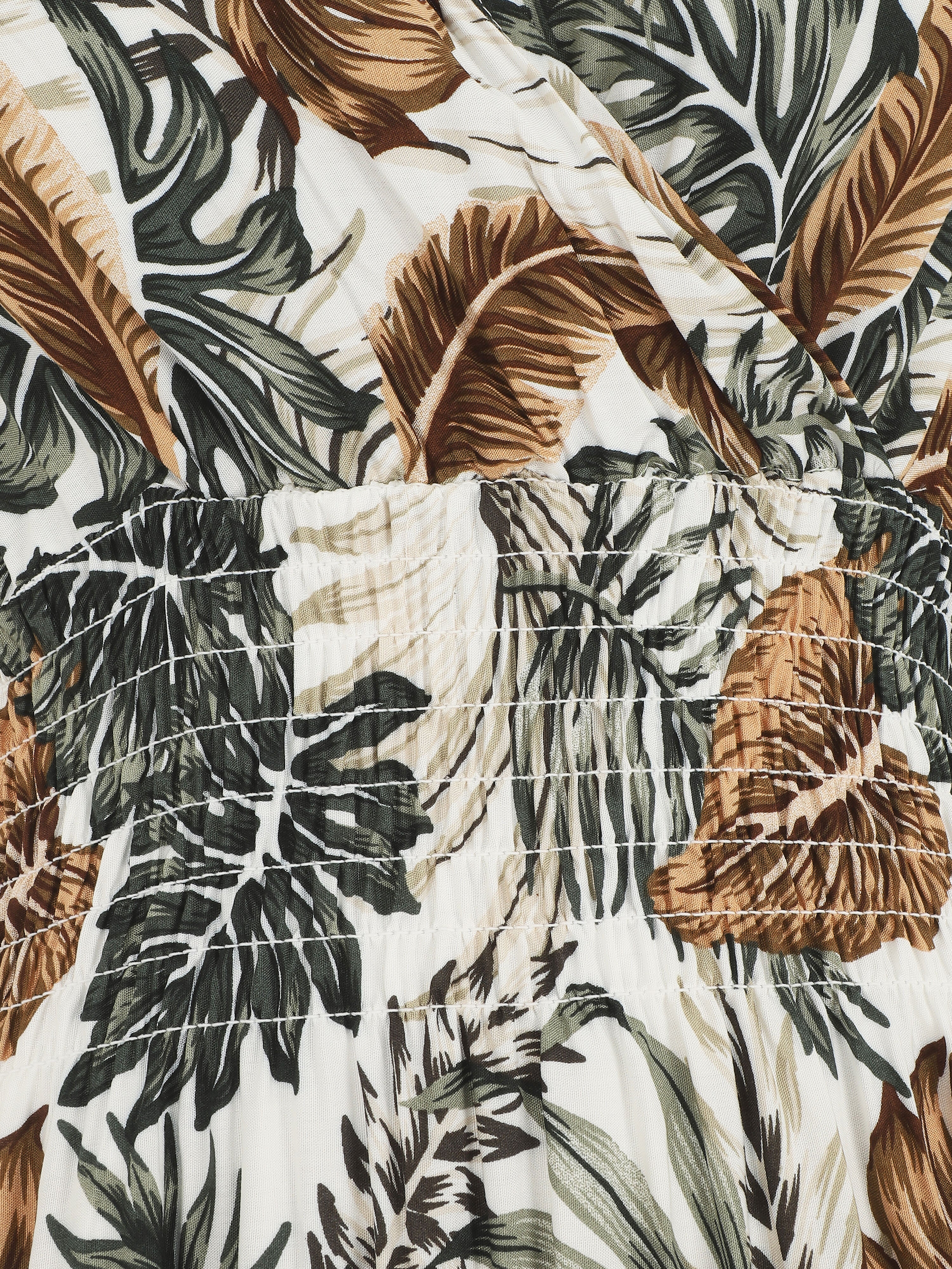 Elastische lange jurk met bladerenprint - wit - Image 3