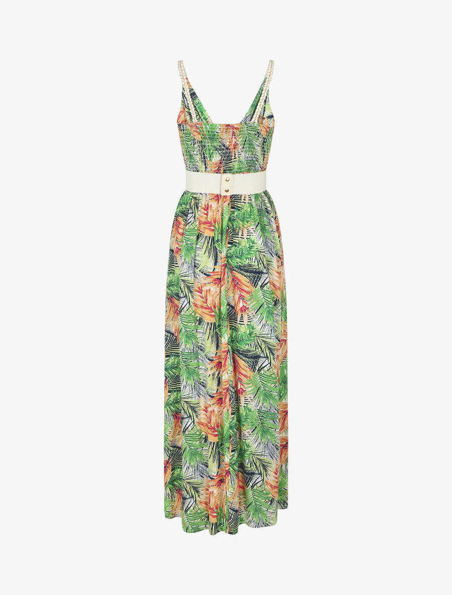 Elastische lange jurk met bladerenprint - Wit - Image 3